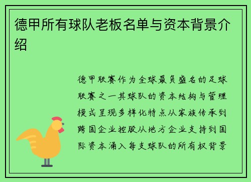 德甲所有球队老板名单与资本背景介绍