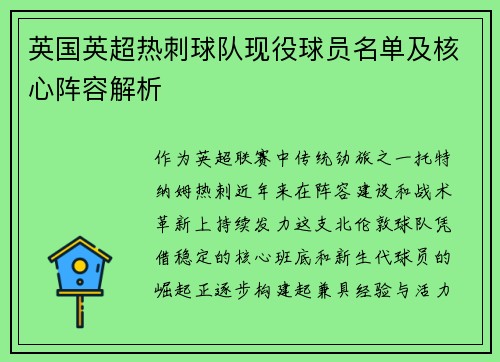 英国英超热刺球队现役球员名单及核心阵容解析